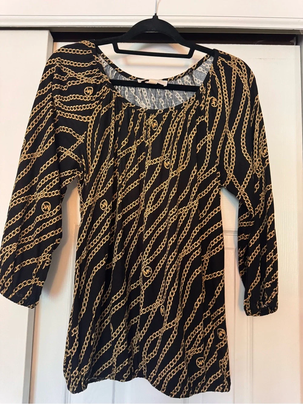 Michael Kors Black Top with Gold Chain & MK Logo Print